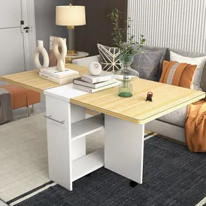 Space-Saving Folding Dining Table for 4 – Drop Leaf Design – 2-Tier Storage Shelf – 6 Wheels – Multipurpose Table for Kitchen, Dining Room, or Office