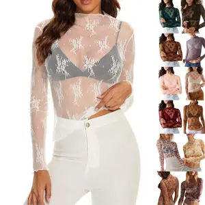 JovenPara Womens Lace Mesh Long Sleeve Tops Floral Sheer See Through Sexy Mock Neck Tee Shirts Layering Blouses