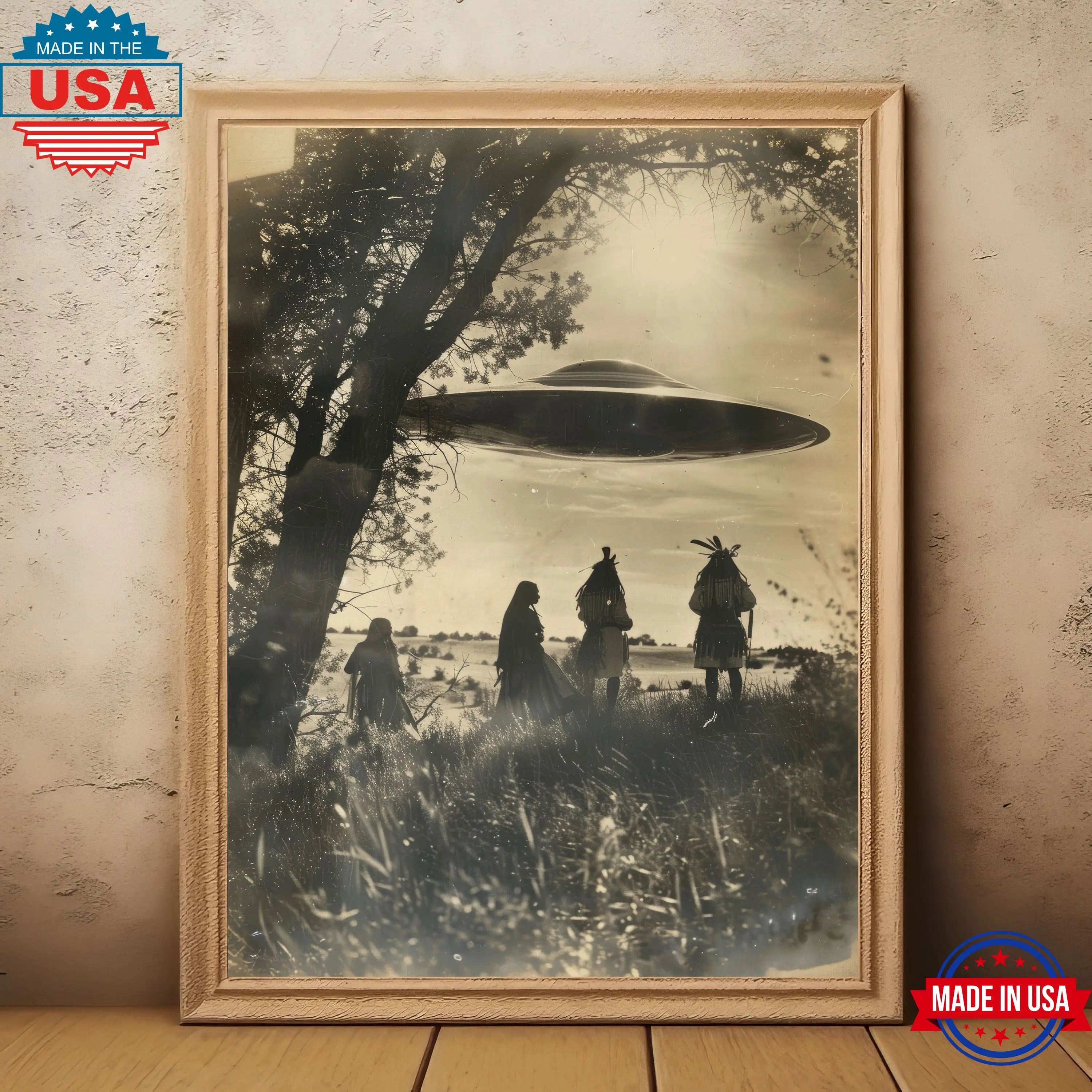 Vintage Native American Alien Close Encounter Poster, Dark Academia, Wild West, Dark Art, Alien Art, Gothic Home Decor, Antiqued Art