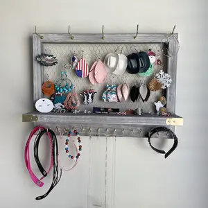 Jewelry Organizer with Shelf, Wood Earring Holder, Wall Mounted Earring Organizer, Jewelry Holder, Vintage Jewelry Hanger & Necklace Holder