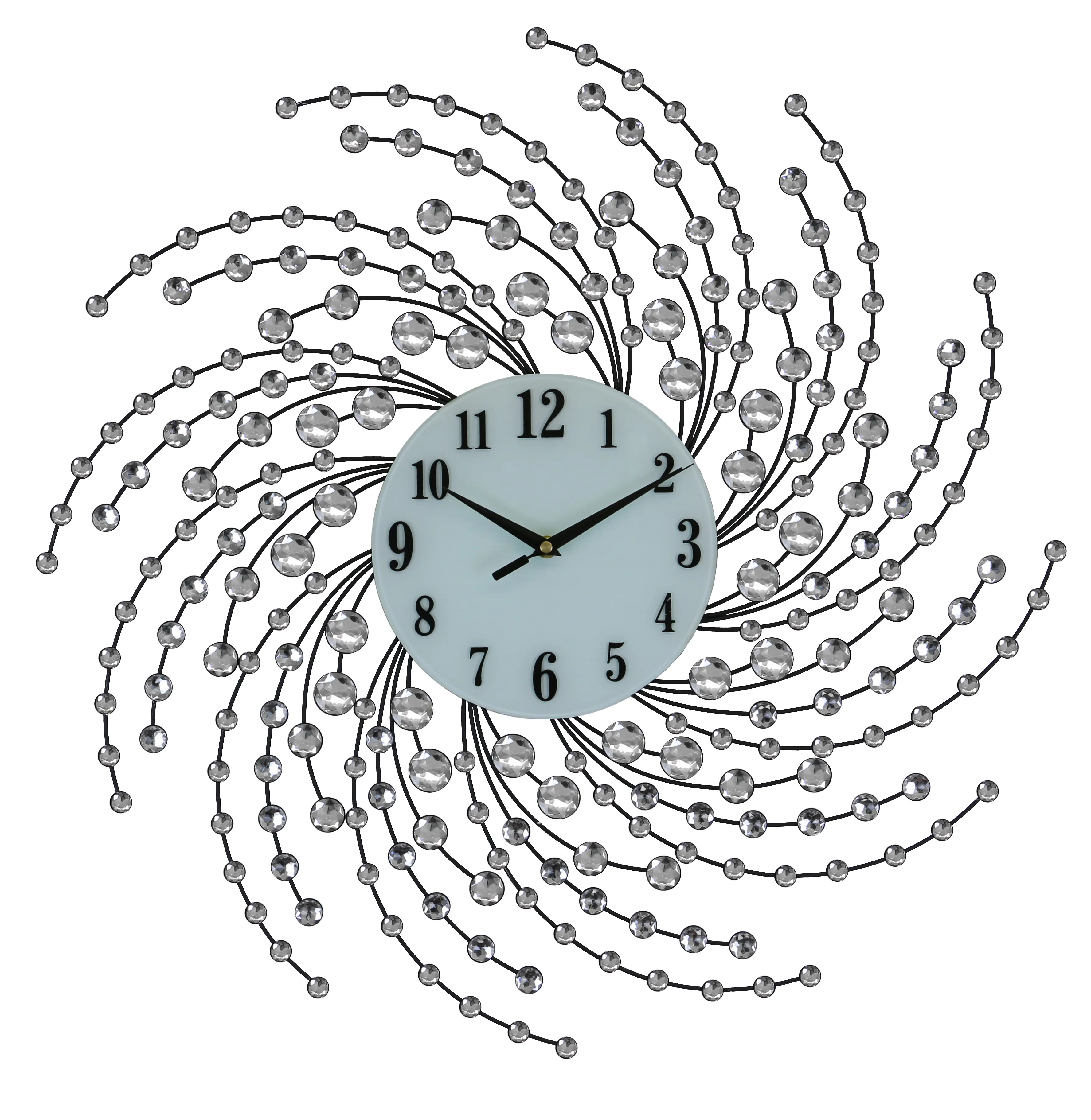 Large Round Wall Clock Openwork Sunburst Starburst Design with Crystal Accents in Black