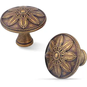 4 Pack 1.4" Round Antique Brass Vintage Cabinet Knobs Rustic Drawer Handles for Kitchen Cabinets and Dresser Drawers