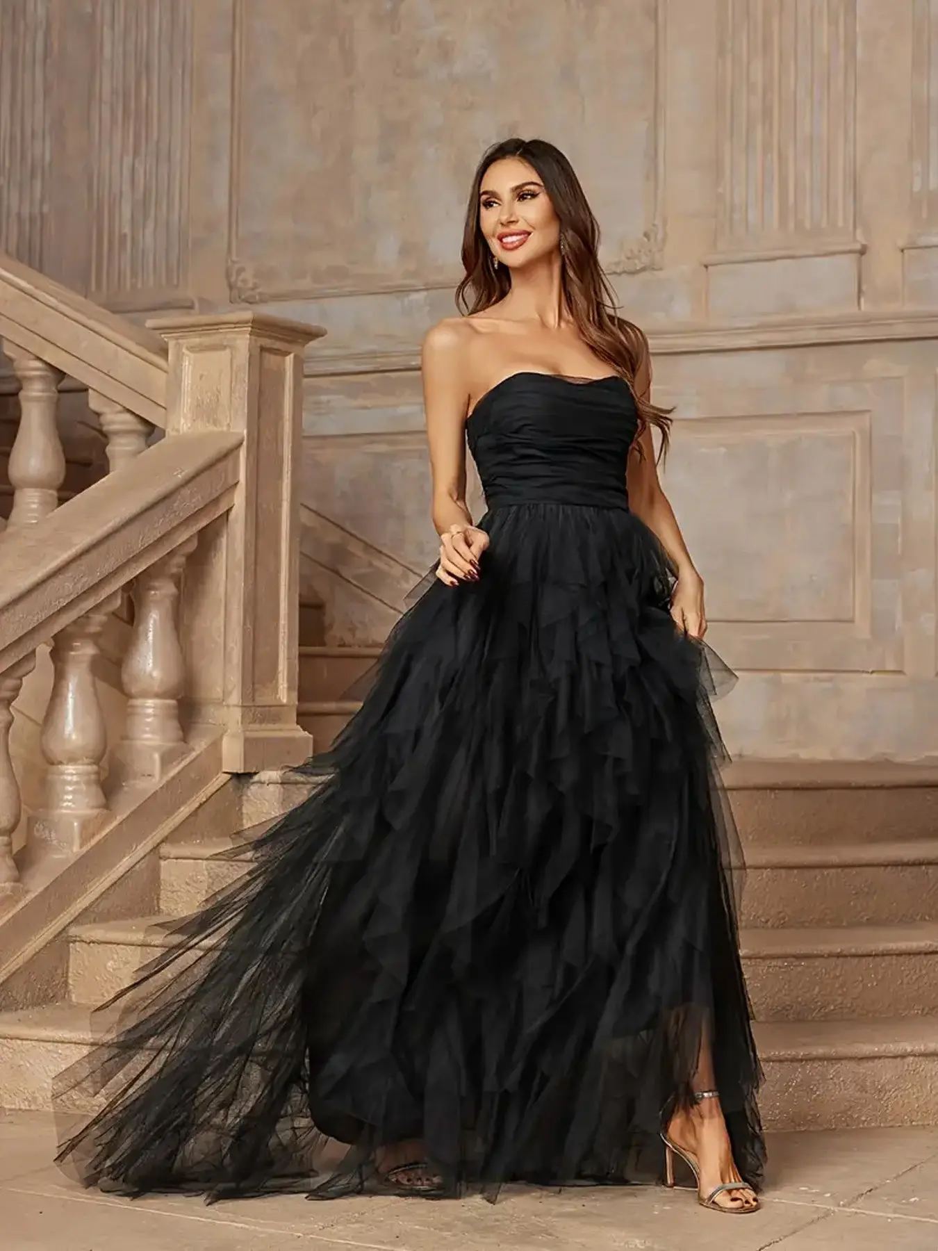 Mesh Dress Layered Sheer Skirt High Slit Hem Perfect for Formal Dance Parties Weddings Cannes Party Wedding