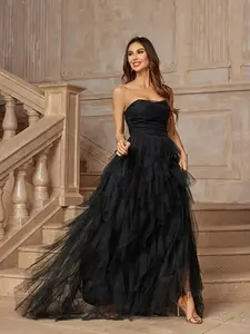 Mesh Dress Layered Sheer Skirt High Slit Hem Perfect for Formal Dance Parties Weddings Cannes Party Wedding