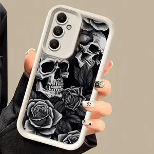 Phone Case for Samsung Galaxy A16 A55 A25 A35 A15 A54 A34 A14 A24 A53 A33 A23 A13 A52 A32 A22 A12 A51 A71 A72 A73 Cover Protective High-Quality Soft Shockproof Funda Gray Skull Rose