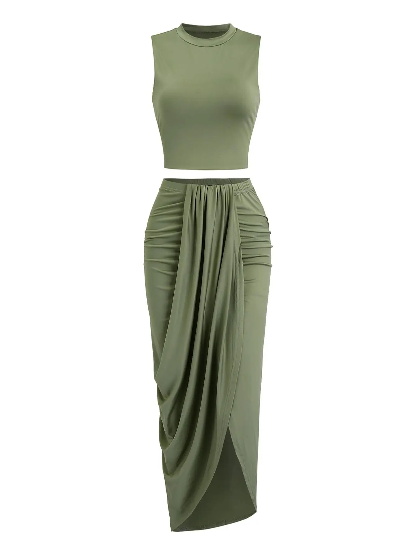 Women's Solid Crop Tank Top & Ruched Asymmetrical Hem Split Skirt Set, Casual Chic Minimalist Style Mock Neck Sleeveless Top & High Waist Wrap Skirt, Cute Summer Outfit Clothes