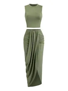 Women's Solid Crop Tank Top & Ruched Asymmetrical Hem Split Skirt Set, Casual Mock Neck Sleeveless Top & High Waist Wrap Skirt,, Cute Summer Outfit