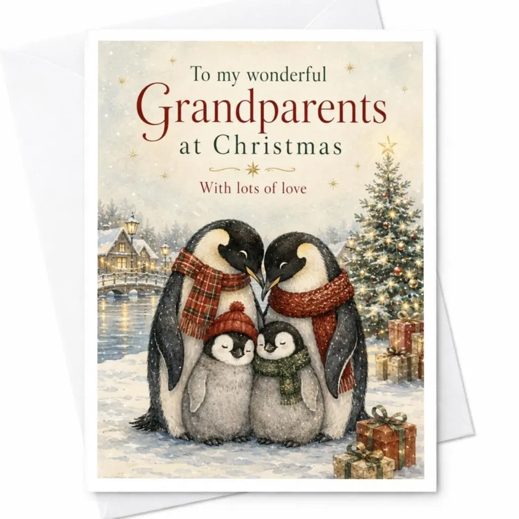To My Wonderful Grandparents At Christmas With Lots Of Love Christmas Card Cute Penguin Family Holiday Card For Grandparents C5352