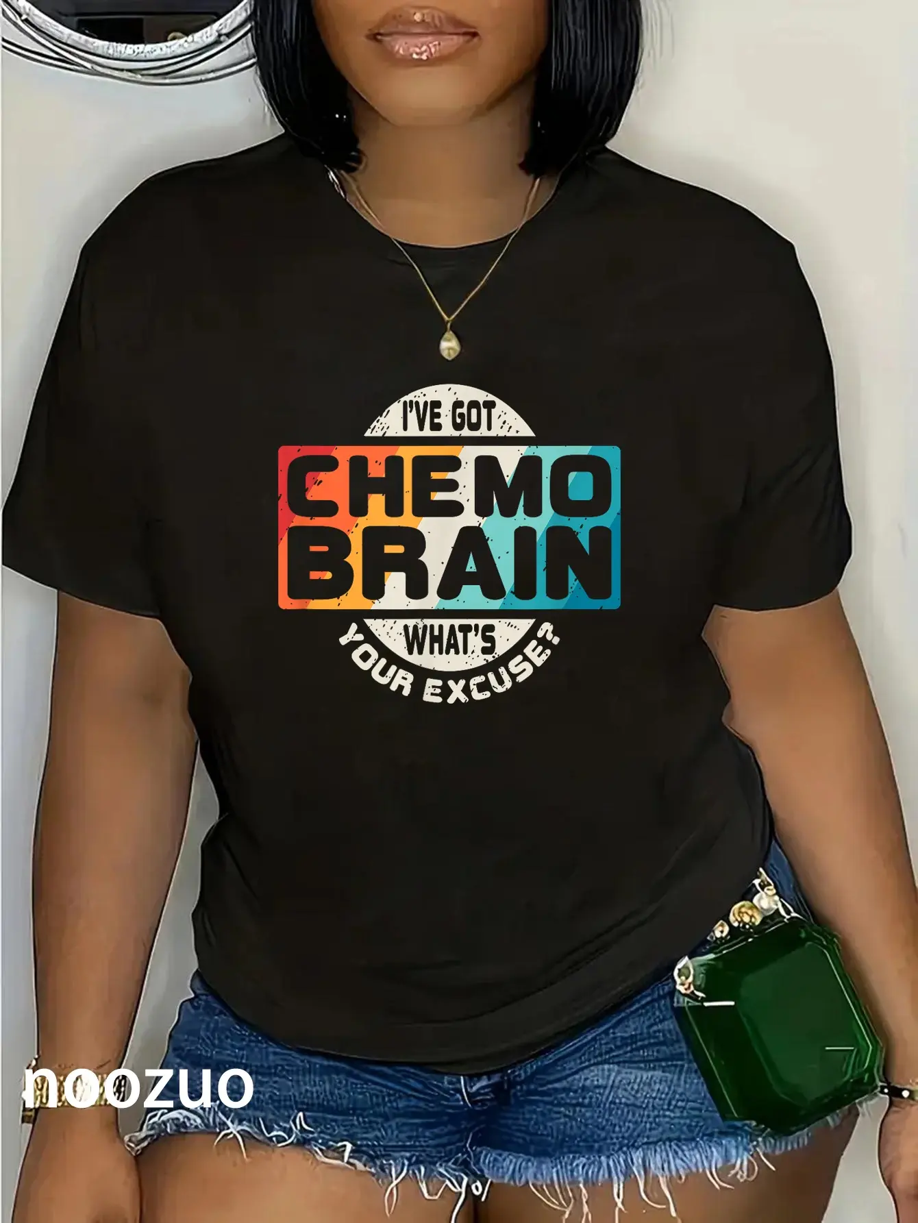 Women's 100% Cotton Short-Sleeve Vintage Streetwear Top - Chemo Brain Cancer Awareness Gift T-Shirt, Shortsleeve, Tshirt, Casual, Graphic, Everyday, Distressed, 100% Cotton Women's T-Shirts, Women's Fashion
