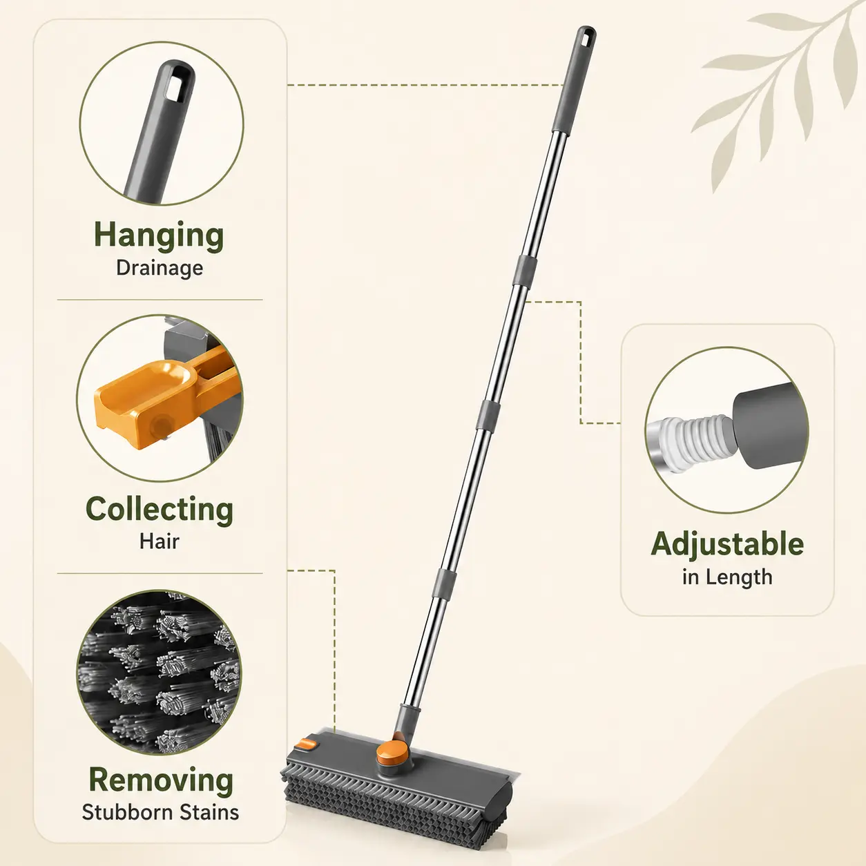 Long-Handled Floor Broom - 2-in-1 Sweeping & Cleaning Tool, Adjustable Extendable for Long Reach Sweep, Housekeeping Cleaning Tool for Hard-to-Reach Home Corners