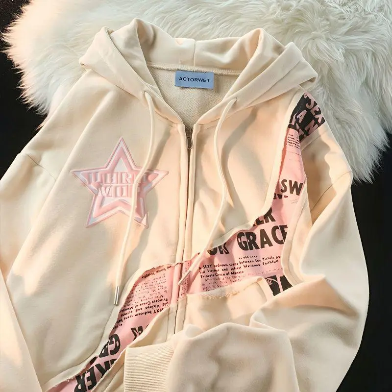 Women's American Style Loose Zip-Up Hoodie - Drop Shoulder, Long Sleeve, Graphic Letter Print, Patchwork Look, Casual, Cozy Versatile Streetwear Winter Cardigan Pullover Top, Pullover Hoodie, Letters, Loose-Fitting, Sweatshirt