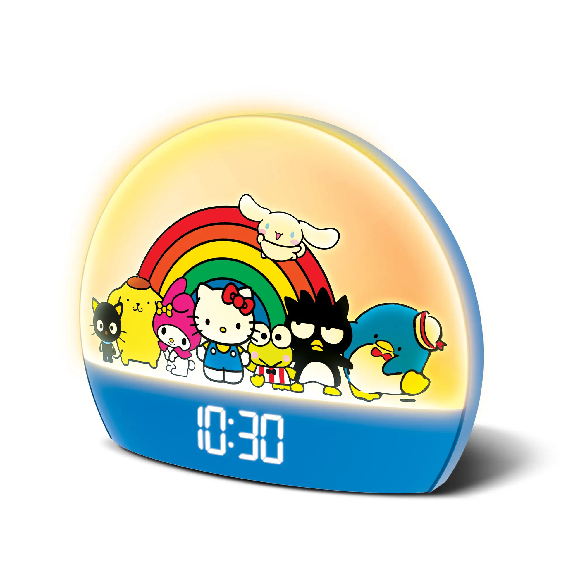 Hello Kitty and Friends LED Sunrise Alarm Clock, USB Powered Digital Bedside Clock with Color Changing Light, 6 Color Modes, Blue Room Decor