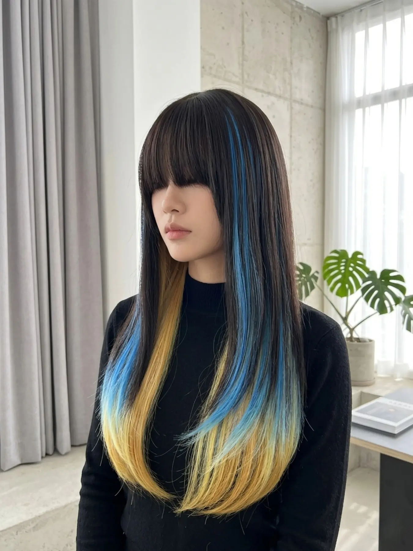 Long Straight Black Wig with Bangs Blue and Yellow Peekaboo Highlights Synthetic Skunk Stripe Color Block Fun Wigs for Women Natural Scalp Top Heat Resistant Fashionable Headband Wig Synthetic Wigs Cosplay