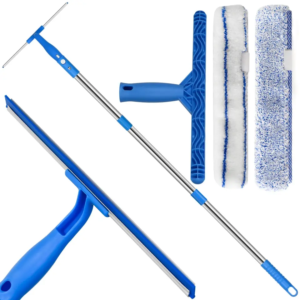 MHM's Window Squeegee for Home – 3-in-1 Window Cleaning Kit with Extendable Handle, Dual Microfiber Pads & Squeegee – Complete Window Cleaning Tool for Shower Doors, Glass, Walls & Mirrors