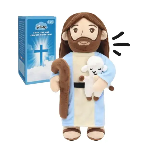 Yelakey Good Shepherd Jesus Plush Talking Doll - 15'' Soft Jesus Holding Lamb Plush Toy Speaks 1 Story, 5 Bible Verses and 2 Children’s Songs Christian Plush Toy Gift for Kids, Easter & Sunday School