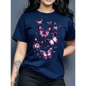100% Cotton, Women's Casual Short Sleeve Round Neck T-Shirt - Vibrant Blue Butterfly Pattern Print, Lightweight Breathable Fabric, Machine Washable Spring Summer Top, Seasonal Clothing, Artistic Design, Easy Care Printed Shirt
