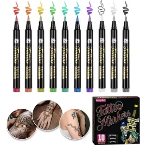 Temporary Tattoo Markers for Skin - Dual Tip 10 Colors Tattoo Pens for Skin Temporary, Washable Metallic Tattoo Markers with Stencils, Flexible Body Markers, Skin-Safe Face Paint Kit for Kids Adults