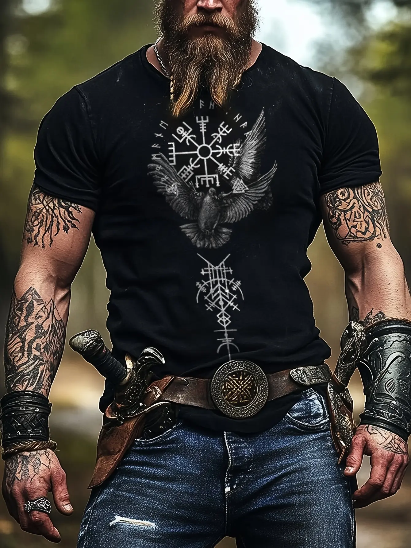 Men'S Viking Raven Norse Rune Graphic T-Shirt - He unisex soft cotton short sleeve t shirt, vintage graphic casual tee for men women teens, perfect birthday holiday gift for camping travel gym daily street casual wear