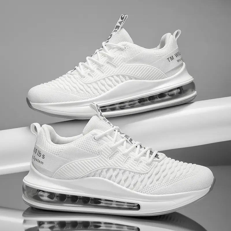 Men's White Air Cushion Casual Trainers, Breathable Knit Mesh, Soft Shock-Absorbing Running Shoes