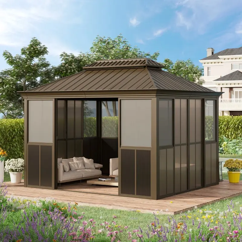 12×10 FT All-Season Outdoor Solarium, Double Roof Hardtop Gazebo with Sliding Doors & Mesh Windows