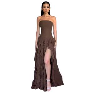LikeMyChoice Tube Top Multi-layer Ruffled Side Slit Maxi Dress in Brown Color Fashionable Design