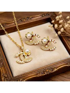 Women's Luxury 18k Gold Plated Pearl Necklace Earrings Set, Elegant Geometric Zircon Jewelry, Wedding Engagement Gift