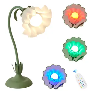 Cute flower desk lamp, wireless charging model, bedside retro flower night light, RGB multiple color modes, flexible dimming desk lamp, suitable for home office bedroom study autumn, indoor lighting, prince room, princess room Decorative Modern