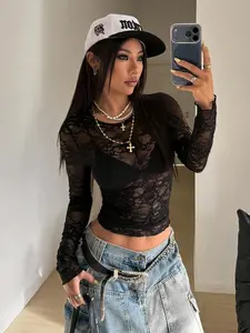 Women's Sheer Lace Long Sleeve Top, Y2K Punk Style Mesh Shirt, Party Date Streetwear Essential Fitted Base Layer