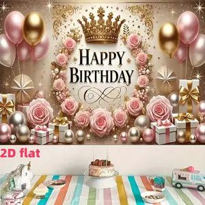 2D flat gold pink rose crown birthday decoration background cloth 1 piece polyester material pink gold balloon gift box party banner adult ladies birthday party photo hanging cloth light luxury style birthday party atmosphere curtain, family party photo