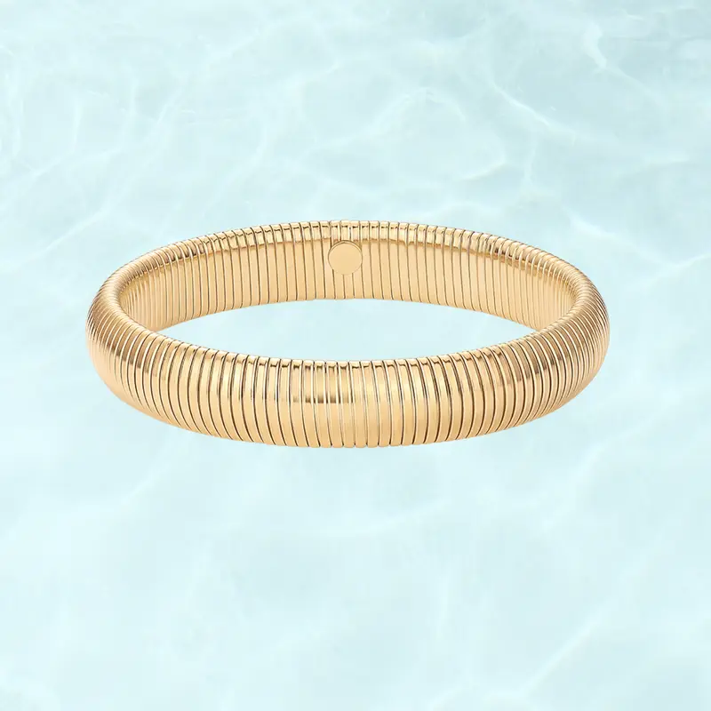 PAVOI Waterproof Chunky Stretch Bracelet for Women - 14K Gold Plated Cobra Statement Bracelets - Stainless Steel Flexible Bracelet - Trendy Gold Jewelry Gifts