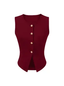 Classic Round Neck Sleeveless Top, Striped, High Stretch Knit Fabric, Slim Fit, Irregular Hem, Casual Fashion for Fall & Winter