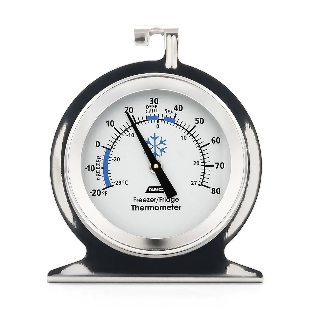 CAMCO Stainless Steel Easy-to-Read Dial Refrigerator-Freezer Thermometer - Home Improvement Tool with Hooks, Hangs or Stands Alone, Monitors Internal Temperature for Pools & Hot Tubs