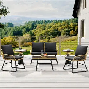 Boho Wicker Outdoor Furniture Set, 4-Piece Conversation Set with Loveseat, Armchairs and Glass Top Coffee Table, Equipped with Soft Cushions and Pillows, Weather Resistant Outdoor Decor for Backyard, Porch, Balcony, Deck, Tan & Black patio