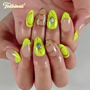 Neon Sun Handmade Press-On Nails | Short Almond Shape, 10pcs Handmade | Spring Summer Trending Neon Yellow & Hand Drawn Sun | Coachella Aesthetic & Y2K Nails | High Gloss Mirror Finish | Reusable DIY Manicure Kit for Women Daily Wear | Trendy Baddie