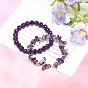 Crystal Bracelet Women Anxiety Amethyst Beaded Bracelet Butterfly Charm Healing Stone Layered Bracelet Women GiftDainty Boho Stacking Bracelets