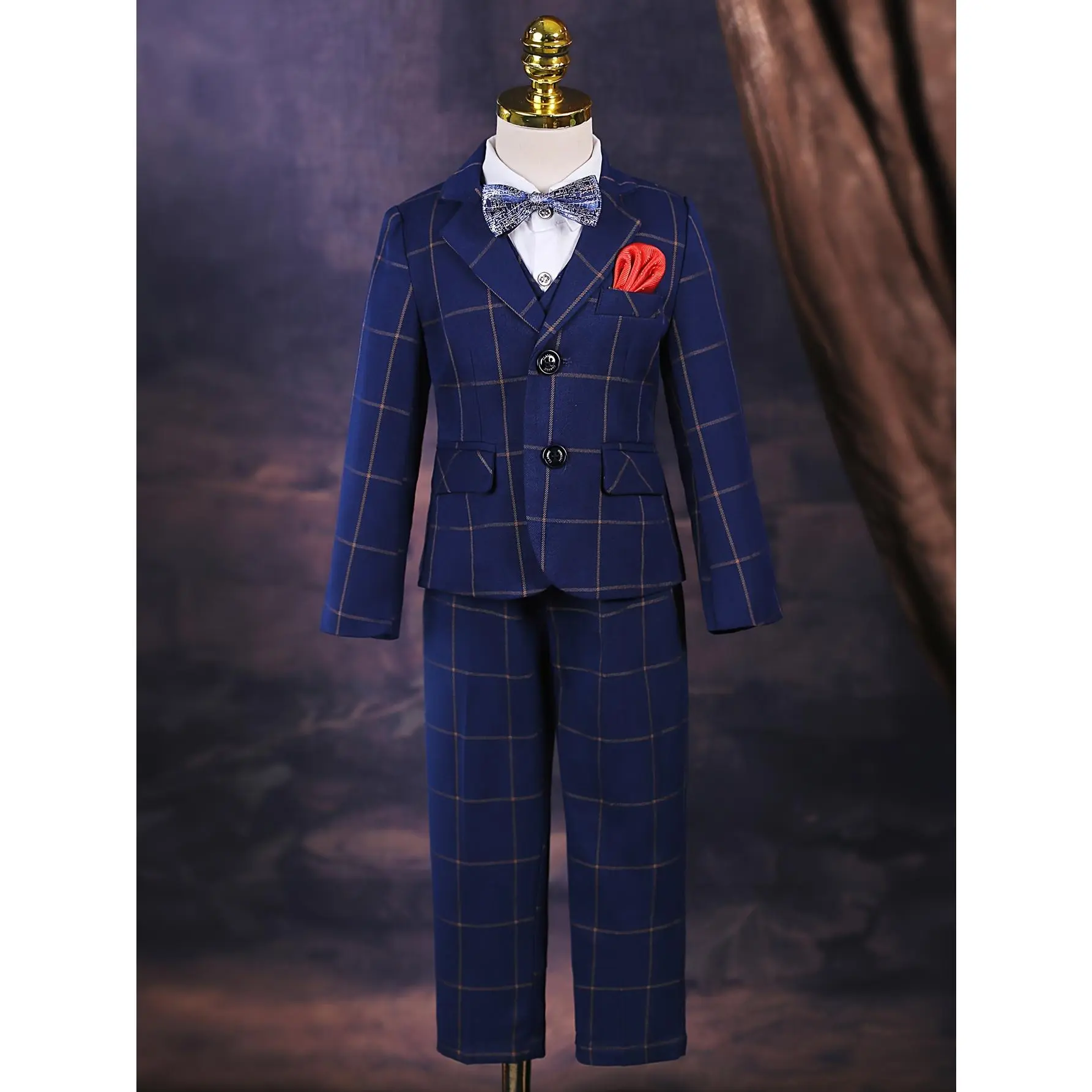 Boys' 4-Piece Complete Suit Set - Plaid Blazer, Vest, Pants, Bow Tie - Formal Outfit for Birthday Parties, Stage Performances, Long Sleeve Shirt