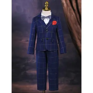 4-piece Set (Jacket + Vest + Pants + Bow Tie) Boys' Formal Outfit Includes Plaid Blazer, Vest, Pants, and Bow Tie, Suitable for Birthday Parties and Formal Occasions, Boys' Stage Performances, Competition Costumes