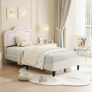 Twin Upholstered Smart LED Bed Frame with Adjustable Headboard and Removable Light Strip Velvet Princess Platform Bed Frame Wooden Slats Support No Box Spring Needed Beige