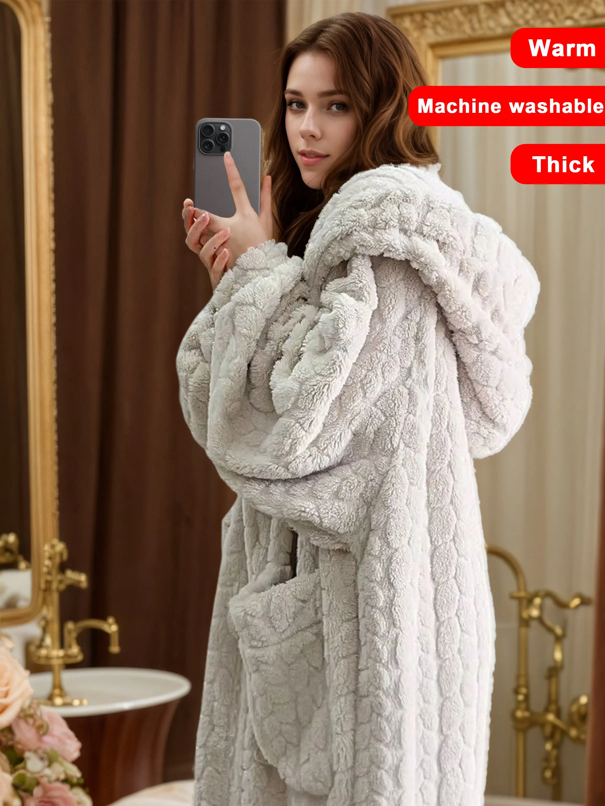 Women’s Plush Hooded Bathrobe: Thick Warm Fleece, Cozy Soft Loungewear with Pockets, Machine Washable Winter Sleepwear，This fluffy bathrobe wraps you in cloud-like comfort: thick fleece keeps you toasty on cold days