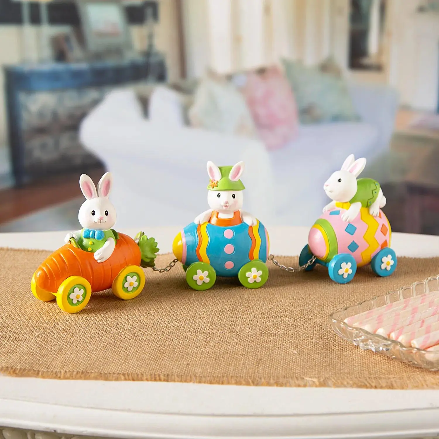 3-Pc Resin Cute Collectible Figures - Carrot Express Train with Multicolor Pastels Easter Eggs, Nursery Ornaments, Festive Tabletop Room Decor for Home & Festive Party Supplies (Photo-Ready Accent), Small