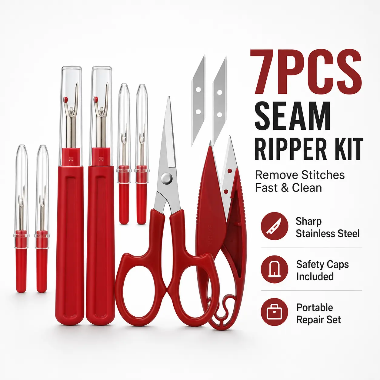 7-Piece Seam Ripper Kit with 2 Large & 2 Small Stitch Removers, Thread Snips, Sewing Scissors & Replacement Blades for Quilting and Clothing Repair