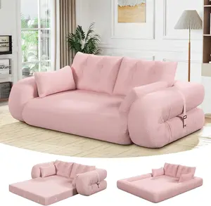 78.7in Convertible Sleeper Sofa - 3-in-1 Multi-Use Folding Teddy Futon, Upholstered Deep Seat Lazy Couch, Dual-Use Bean Bag Chair for Living Room, Bedroom (Pink)