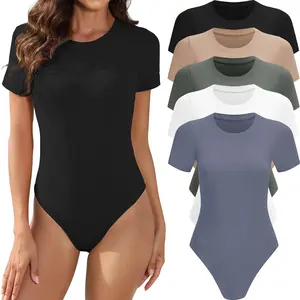 5 Pack Body Suits for Womens Short Sleeve Round Neck Casual Stretchy Basic T Shirt Bodysuit TopsGift