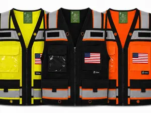 Superintendent Vest with custom USA Flag or other flags, High Visibility Reflective Safety, Mesh Safety Vest with Zipper and Multi pockets AMERICAN SIZE