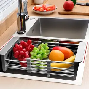 Kitchen Dish Drying Rack, Adjustable Stainless Steel Drainer Basket Drain Tray for Dish Vegetable Fruit,On or in Sink Kitchen Basket Dish Drying Rack