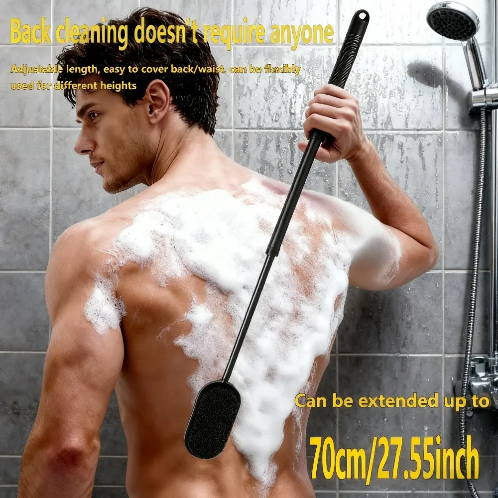 Silicone back brush for shower -27.5-inch extendable handle with double-sided exfoliating and massage function, long handle shower brush with soft/granular texture, back scrubber, body care tool -3 adjustable scrub