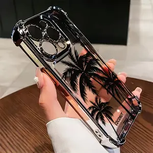 Electroplated Four Corner Anti-Fall Coastal Palm Tree Phone Case for IPhone 16 Pro Max 15 Plus 14 13 12 11 E Shockproof Transparent Protective Cover