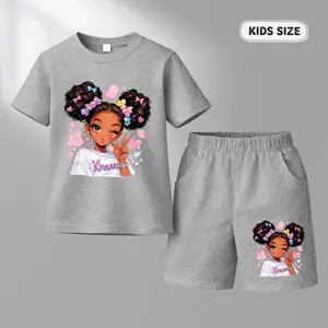 Girls’ Cute Cartoon Printed Design Short Sleeve T-Shirt and Shorts Set, Casual Kids Summer Outfit, Comfortable Crew Neck Clothing Set for Daily Wear and Outdoor Play