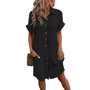 Women's Lady 2026 Summer Basic Short-Sleeve Solid Midi Dress - Single-Breasted Loose Casual Wear Sports Dress