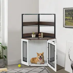 【MCombo】Stylish Corner Dog Crate Furniture with Glass Shelves - Wooden Indoor Pet Kennel with Door